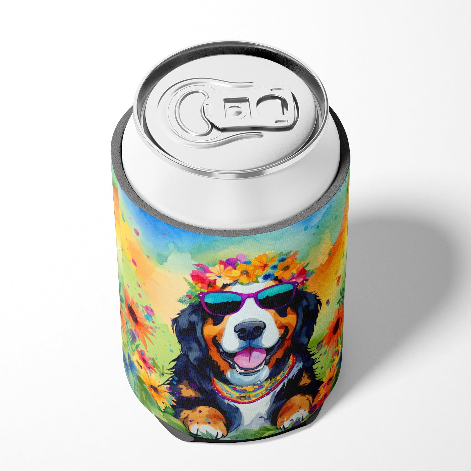 Bernese Mountain Dog Hippie Dawg Can or Bottle Hugger Cooler Sleeve for Standard 12 oz Cans, Insulated Foam Beer & Soda Can Hugger Reusable