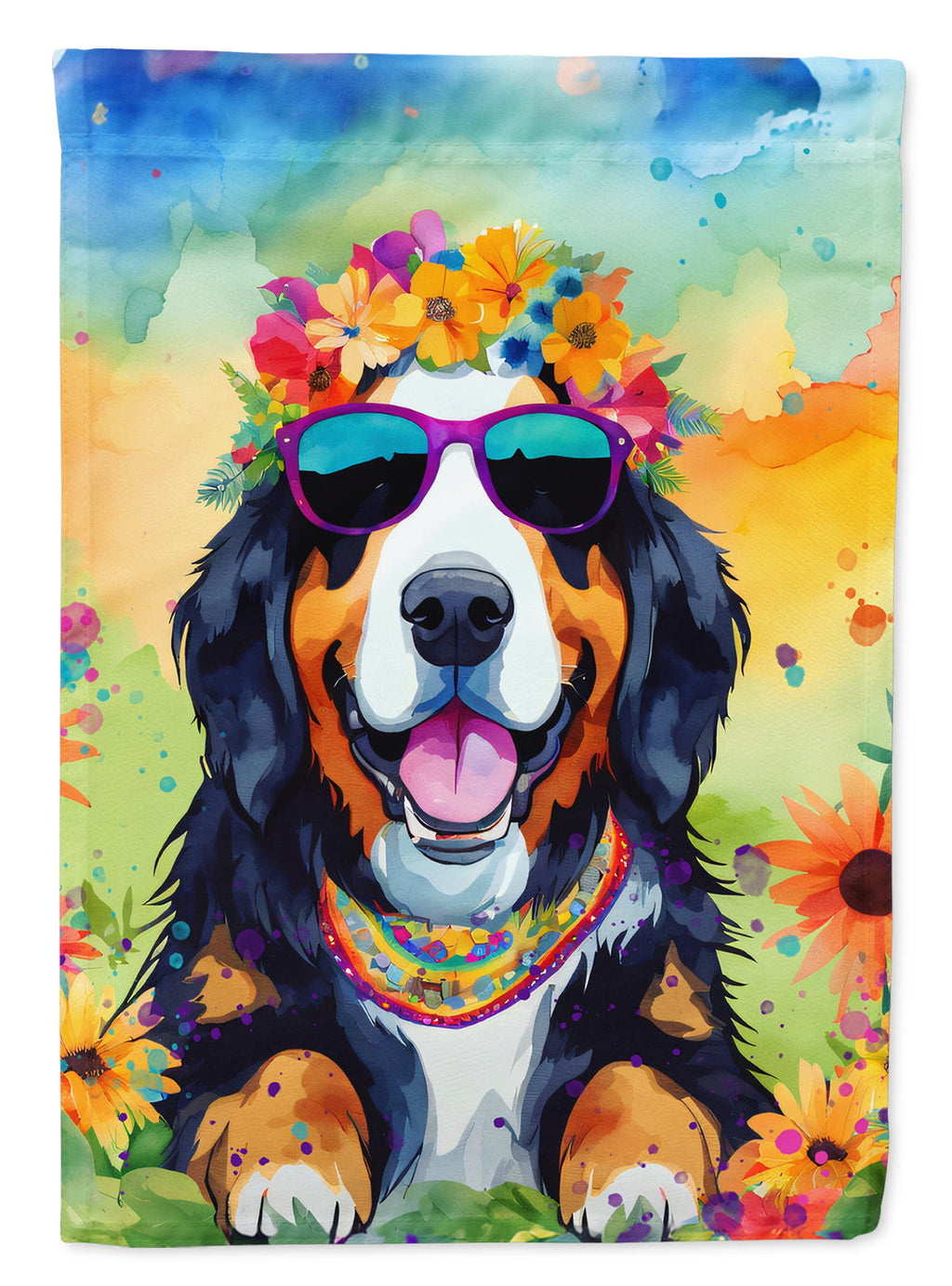 Bernese Mountain Dog Hippie Dawg House Flag 28x40 Porch Sleeve Pole Decorative Outside Yard Banner Artwork Wall Hanging, Polyester