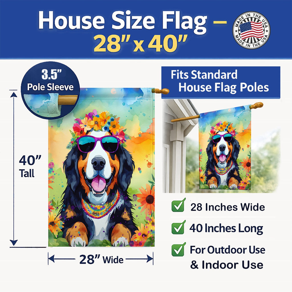 Bernese Mountain Dog Hippie Dawg House Flag 28x40 Porch Sleeve Pole Decorative Outside Yard Banner Artwork Wall Hanging, Polyester
