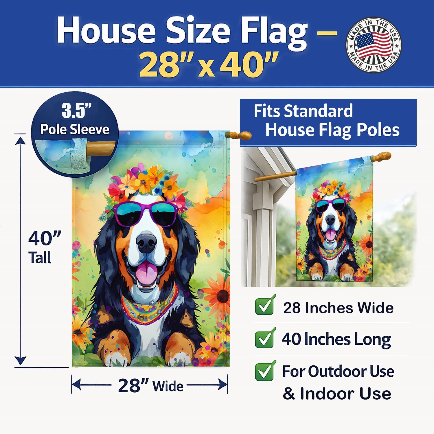 Bernese Mountain Dog Hippie Dawg House Flag 28x40 Porch Sleeve Pole Decorative Outside Yard Banner Artwork Wall Hanging, Polyester