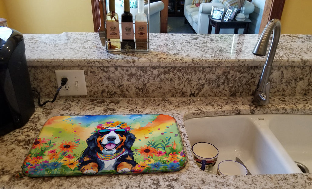 Bernese Mountain Dog Hippie Dawg Dish Drying Mat Absorbent Dish Drying Mat Pad for Kitchen Counter Dish Drainer Mat for Countertop, 14 x 21", Multicolor