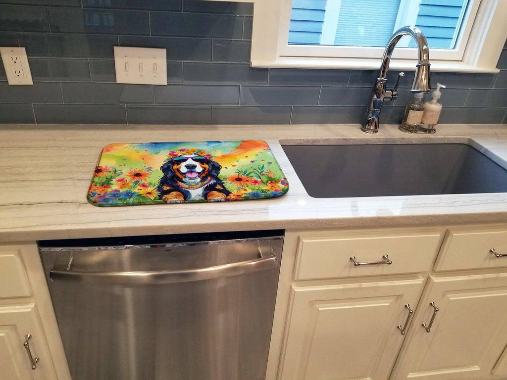 Bernese Mountain Dog Hippie Dawg Dish Drying Mat Absorbent Dish Drying Mat Pad for Kitchen Counter Dish Drainer Mat for Countertop, 14 x 21", Multicolor