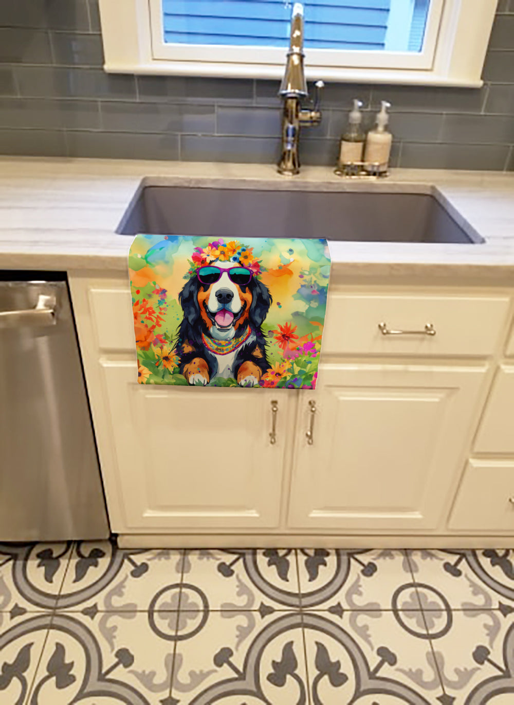 Bernese Mountain Dog Hippie Dawg Kitchen Towel Velour Plush Front and Cotton Loop Back Machine Washable