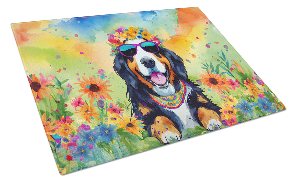Bernese Mountain Dog Hippie Dawg Cutting Board Tempered Glass Kitchen Cutting Surface, Heat Resistant Chopping, Non-Slip Feet, Food Prep & Serving