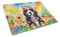 Bernese Mountain Dog Hippie Dawg Cutting Board Tempered Glass Kitchen Cutting Surface, Heat Resistant Chopping, Non-Slip Feet, Food Prep & Serving