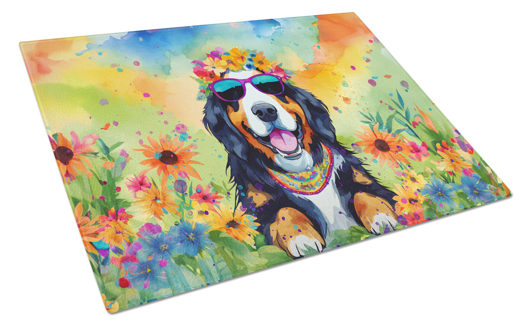 Bernese Mountain Dog Hippie Dawg Cutting Board Tempered Glass Kitchen Cutting Surface, Heat Resistant Chopping, Non-Slip Feet, Food Prep & Serving
