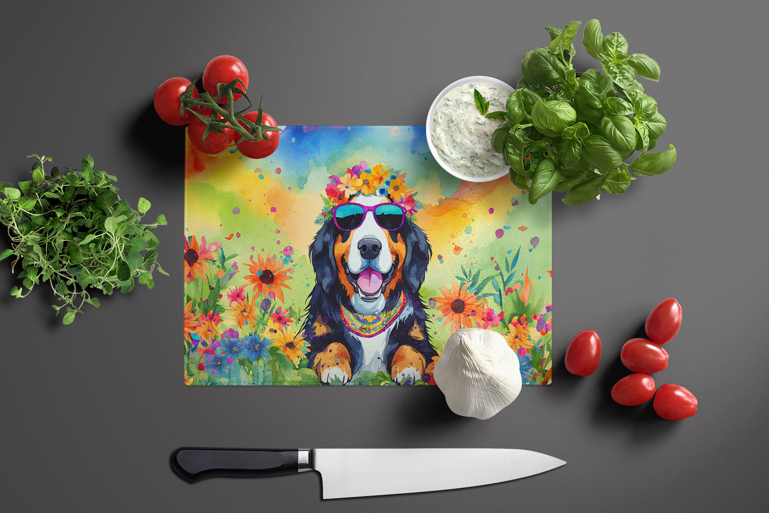 Bernese Mountain Dog Hippie Dawg Cutting Board Tempered Glass Kitchen Cutting Surface, Heat Resistant Chopping, Non-Slip Feet, Food Prep & Serving