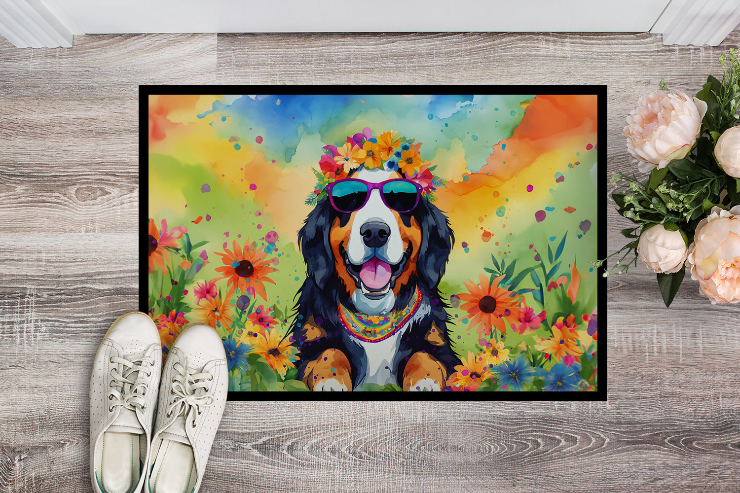 Bernese Mountain Dog Hippie Dawg Doormat Indoor Outdoor 18H X 27W Front Door Mat Rugs for Entryway, Non Slip Washable