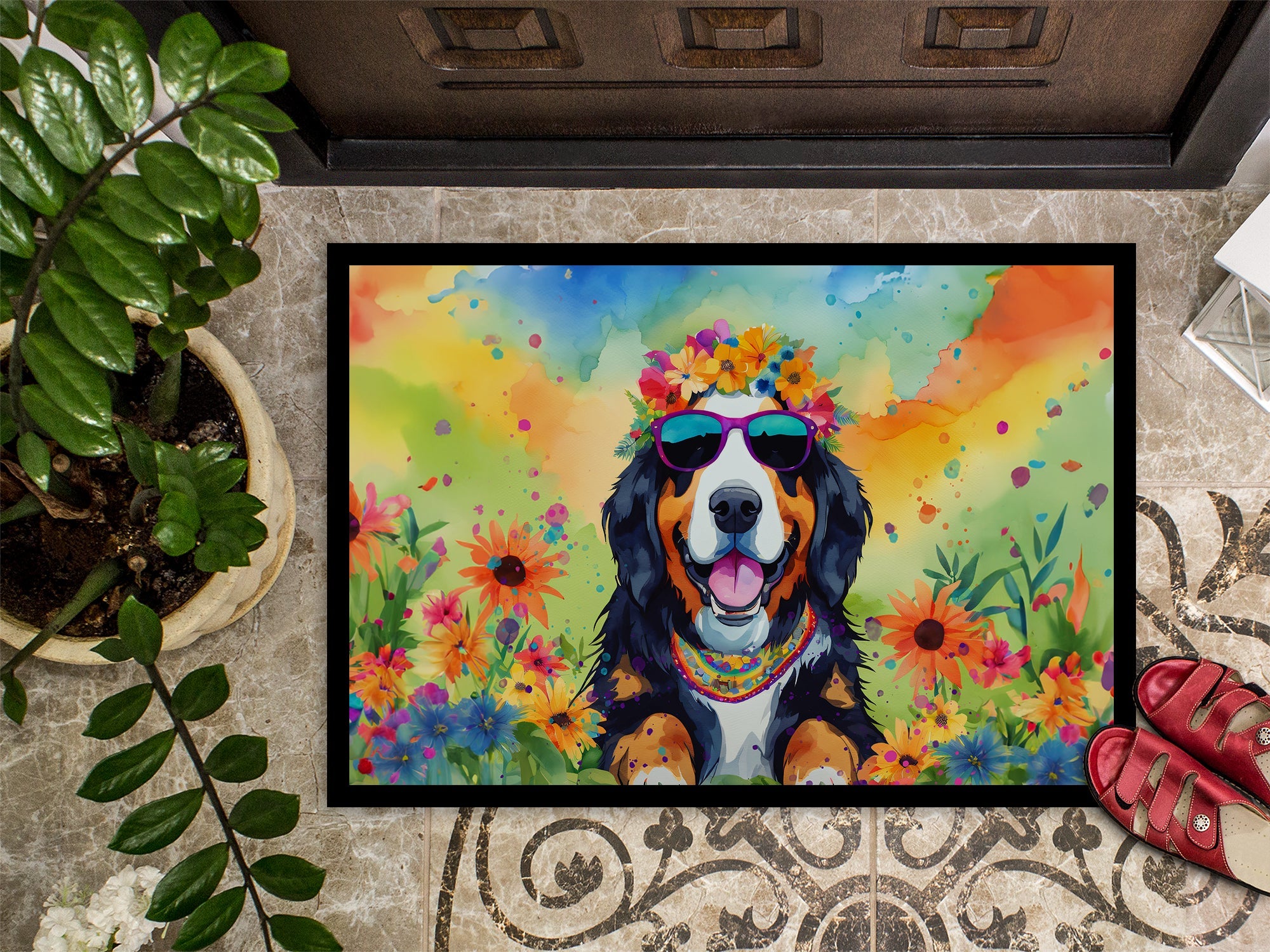 Bernese Mountain Dog Hippie Dawg Doormat Indoor Outdoor 18H X 27W Front Door Mat Rugs for Entryway, Non Slip Washable