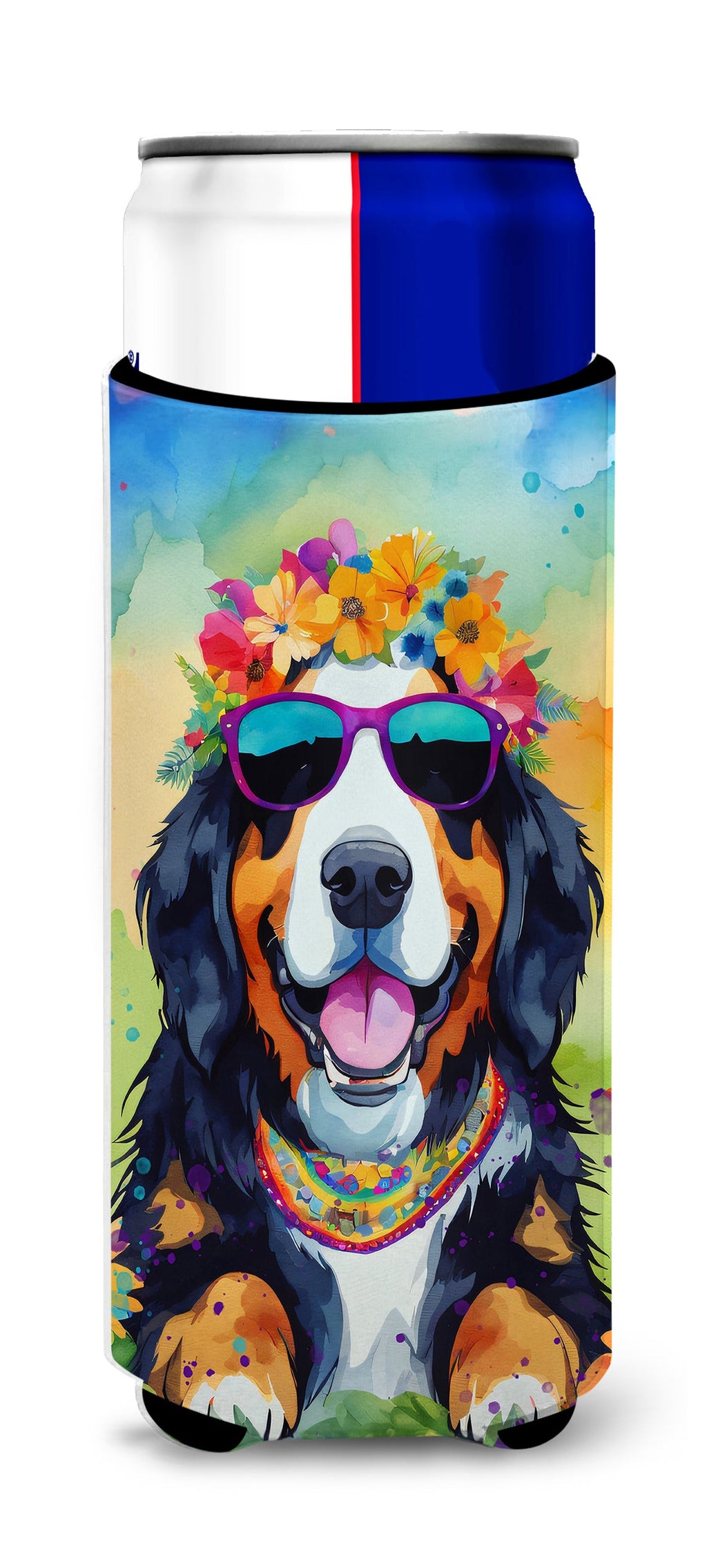 Bernese Mountain Dog Hippie Dawg Slim Can Hugger , Insulated Foam Hugger for 12 oz Slim Cans, Beer Bottles & Water Bottles, Printed in USA