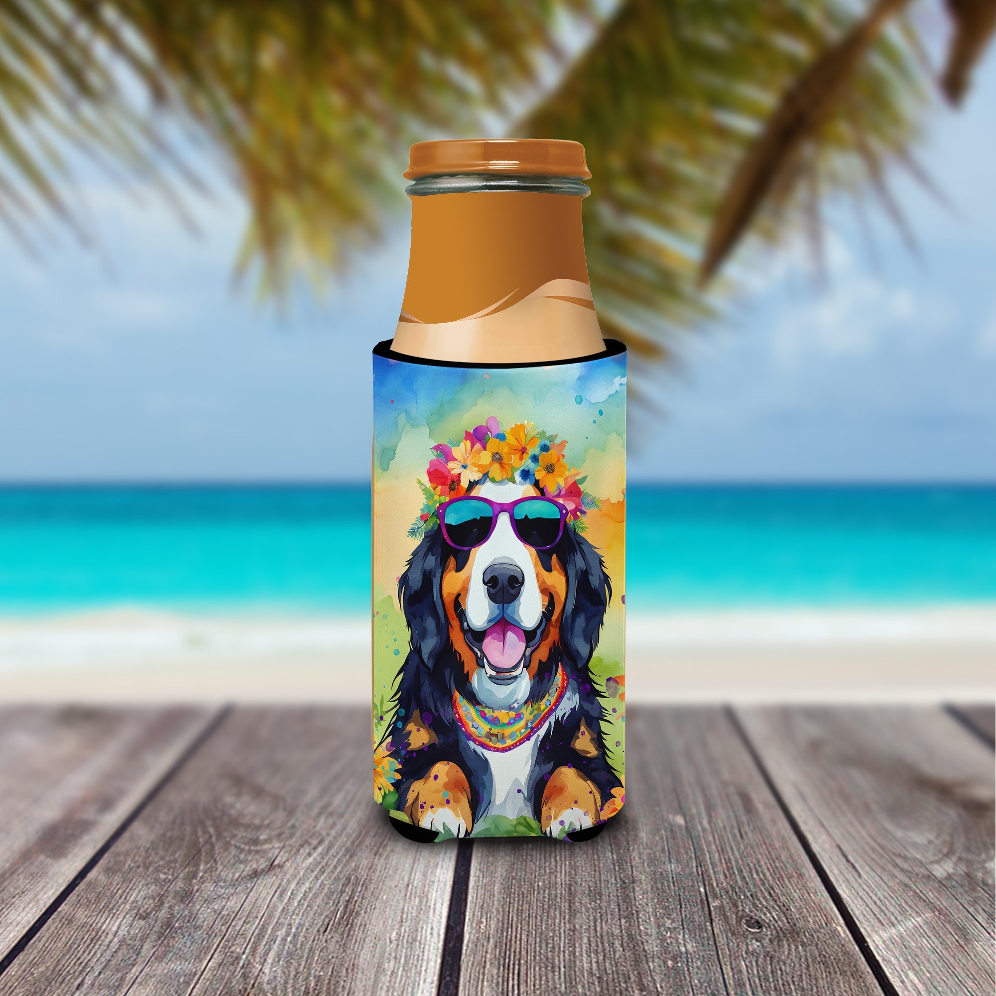 Bernese Mountain Dog Hippie Dawg Slim Can Hugger , Insulated Foam Hugger for 12 oz Slim Cans, Beer Bottles & Water Bottles, Printed in USA
