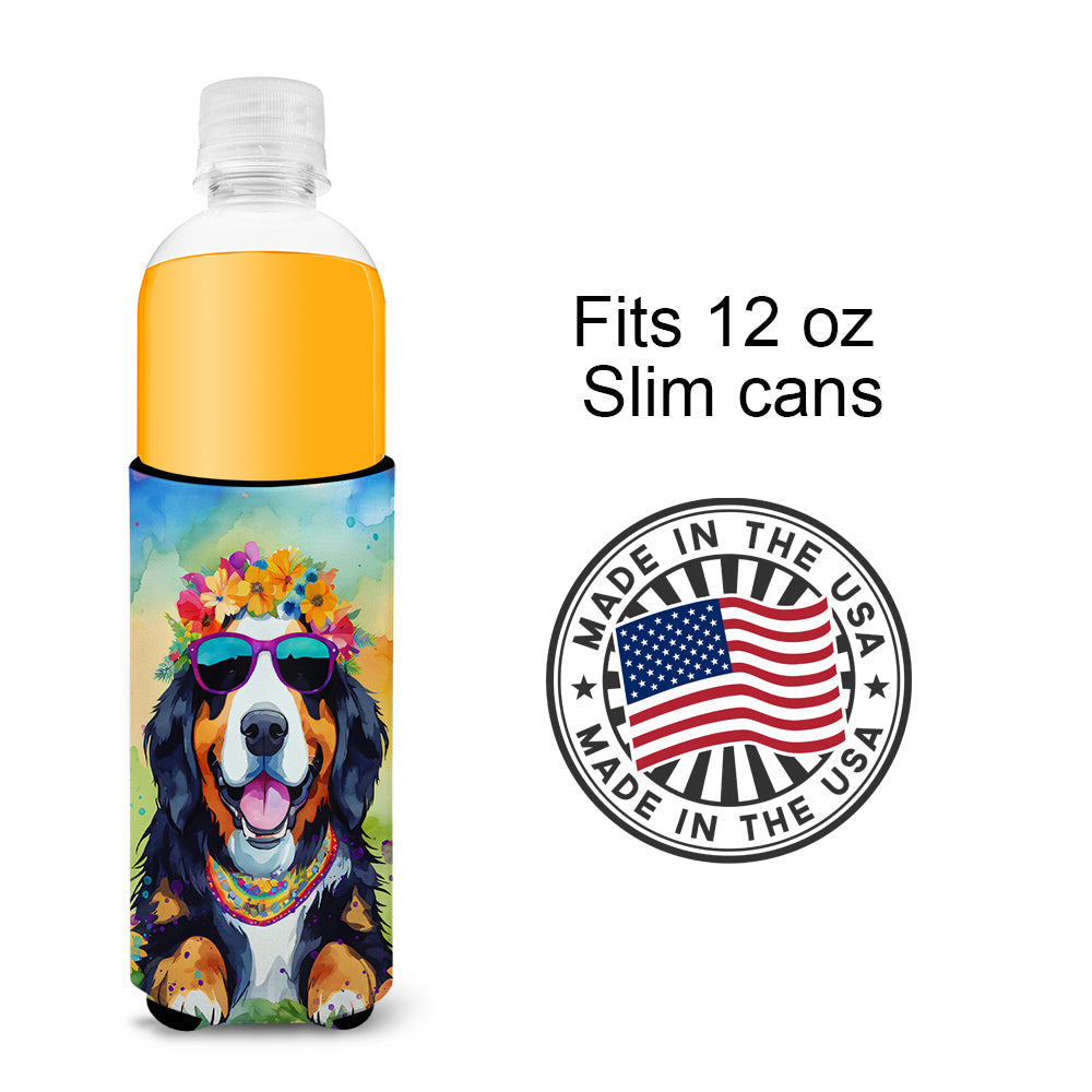 Bernese Mountain Dog Hippie Dawg Slim Can Hugger , Insulated Foam Hugger for 12 oz Slim Cans, Beer Bottles & Water Bottles, Printed in USA