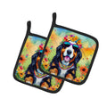 Bernese Mountain Dog Hippie Dawg Pot Holder Set of 2 Heat Resistant Quilted Hot Pads 7.5 x 7.5 Inch, Insulated Kitchen Trivets for Cooking & Baking