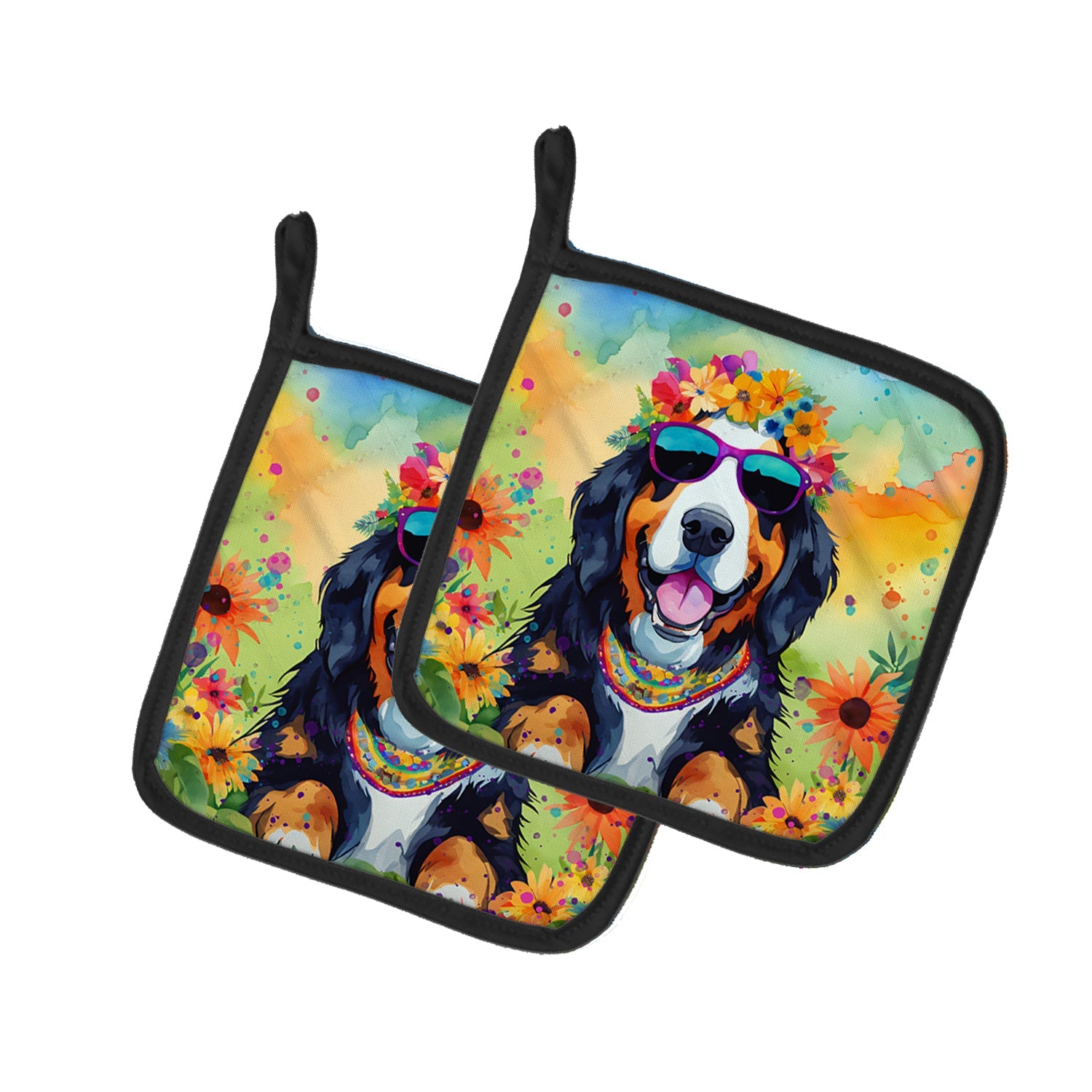 Bernese Mountain Dog Hippie Dawg Pot Holder Set of 2 Heat Resistant Quilted Hot Pads 7.5 x 7.5 Inch, Insulated Kitchen Trivets for Cooking & Baking