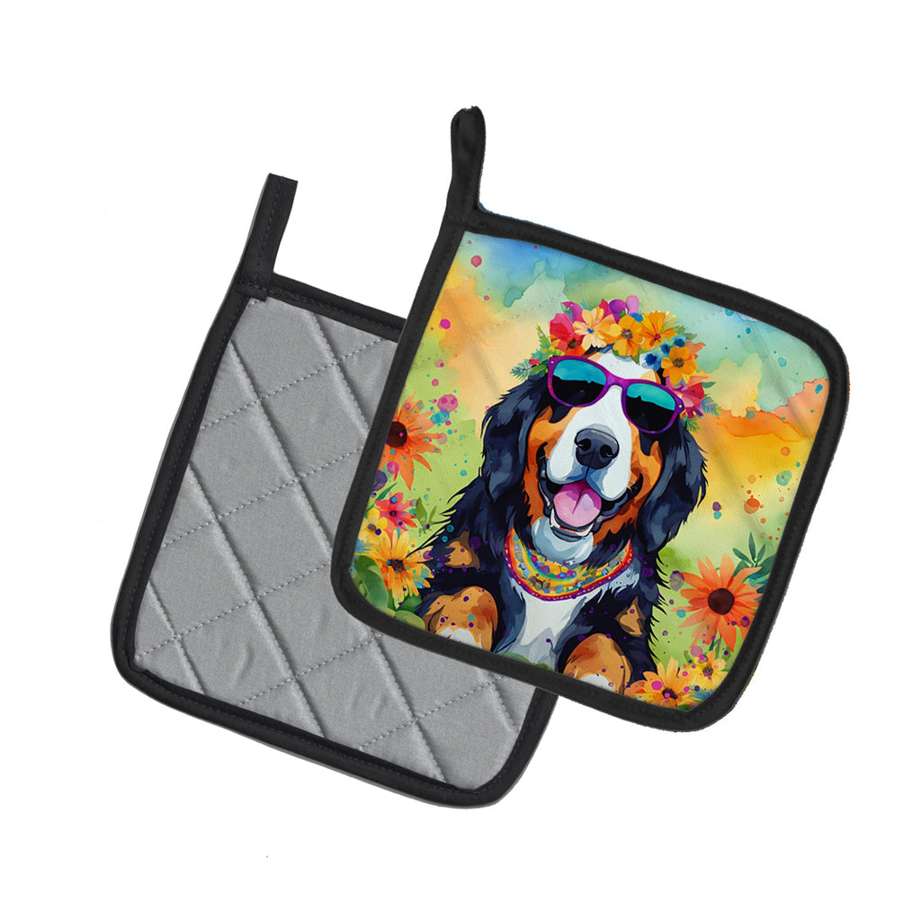 Bernese Mountain Dog Hippie Dawg Pot Holder Set of 2 Heat Resistant Quilted Hot Pads 7.5 x 7.5 Inch, Insulated Kitchen Trivets for Cooking & Baking