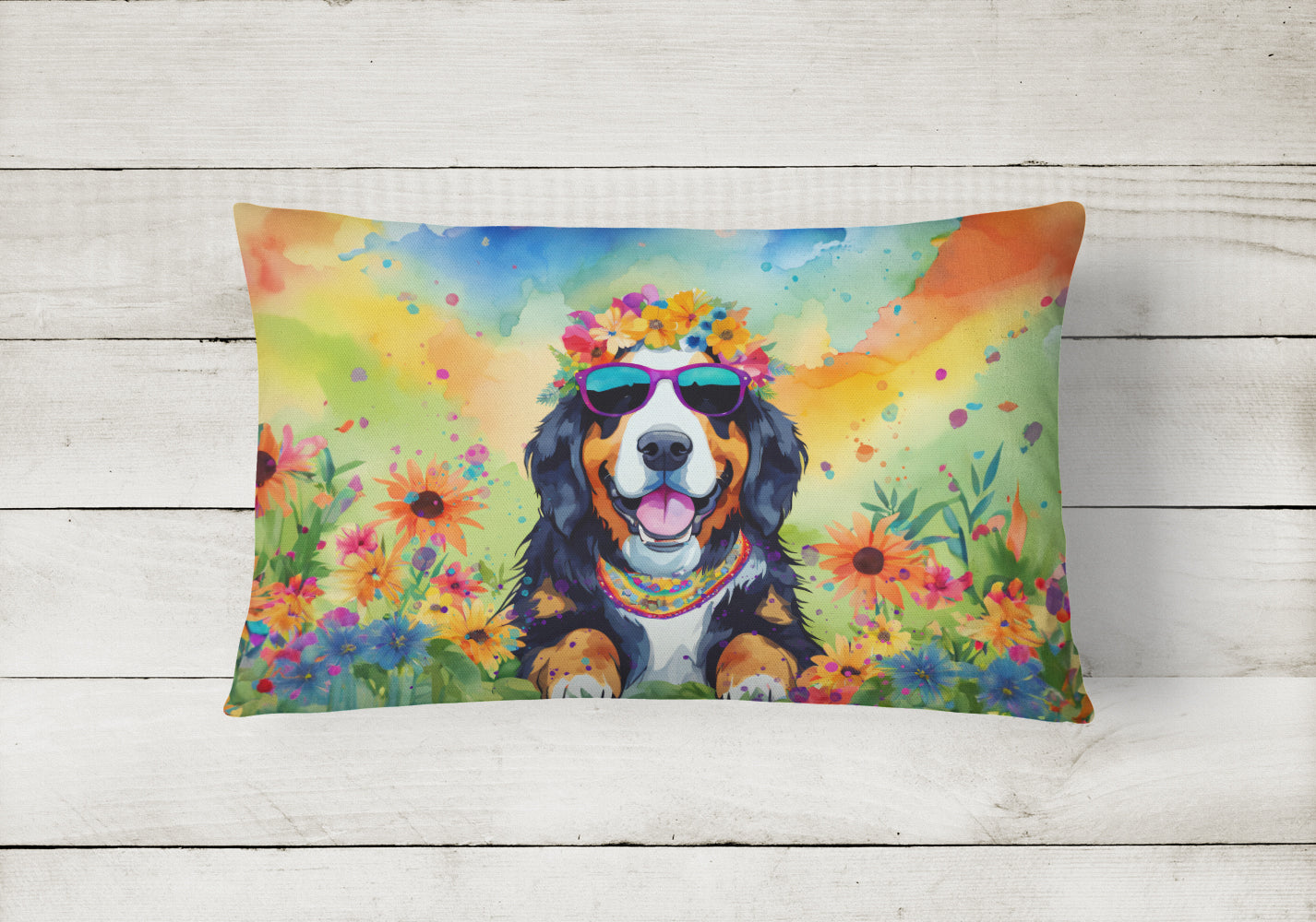 Bernese Mountain Dog Hippie Dawg Decorative Throw Pillow 12x16 Indoor Outdoor Accent Cushion, Fabric Cover with Insert for Sofa, Bed, Porch & Living Room