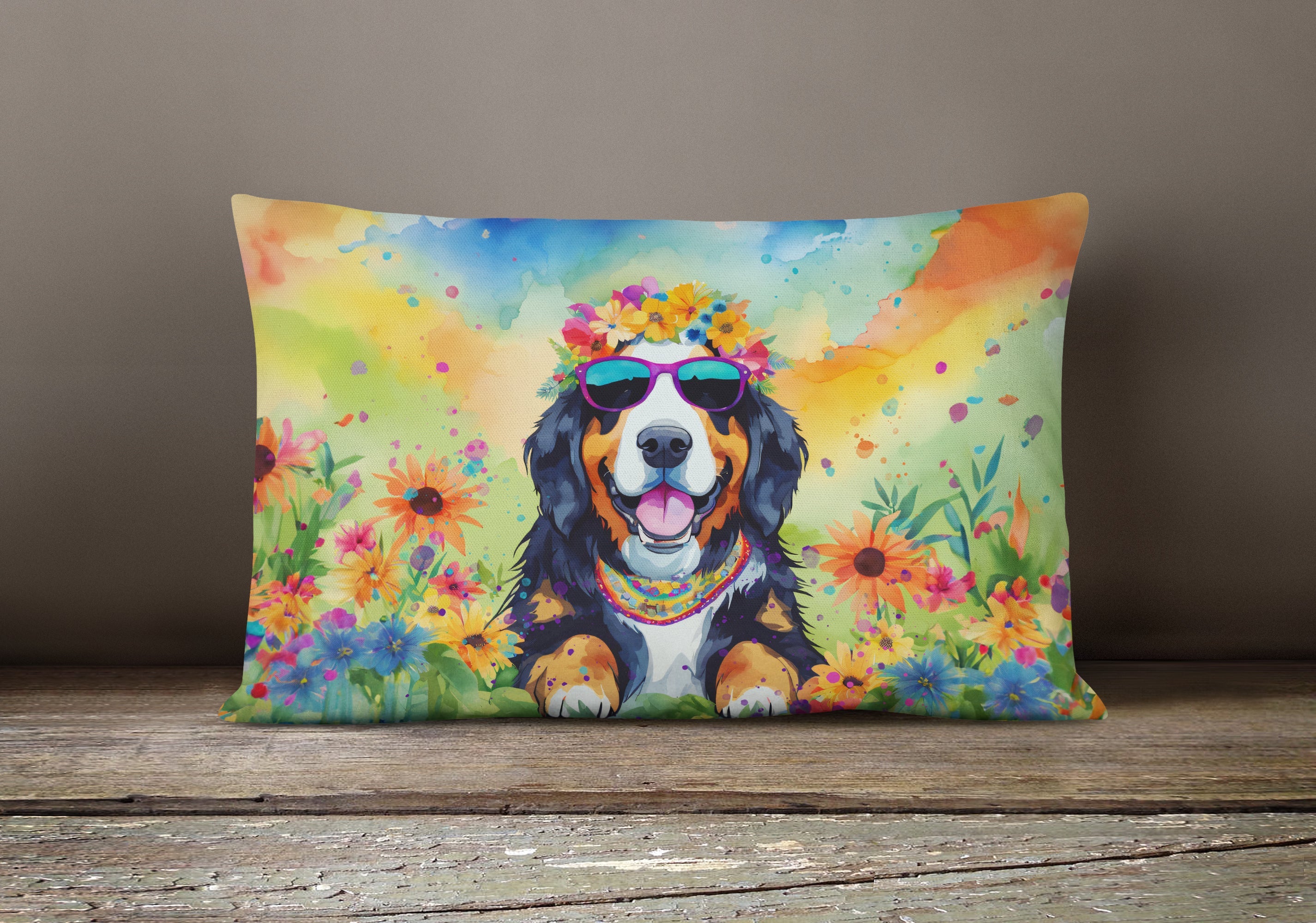 Bernese Mountain Dog Hippie Dawg Decorative Throw Pillow 12x16 Indoor Outdoor Accent Cushion, Fabric Cover with Insert for Sofa, Bed, Porch & Living Room