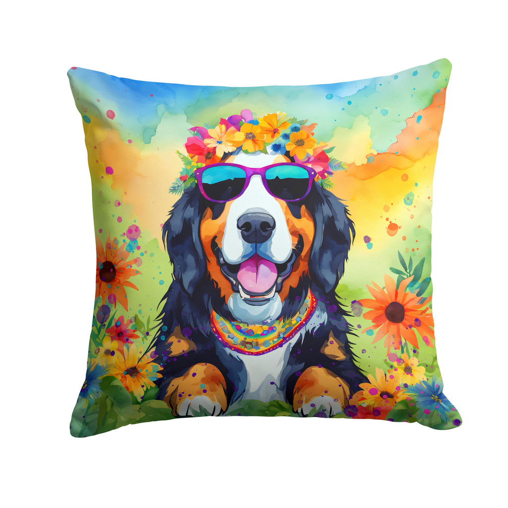 Bernese Mountain Dog Hippie Dawg Decorative Throw Pillow 14x14 Indoor Outdoor Accent Cushion, Fabric Cover with Insert for Sofa, Bed, Porch & Living Room