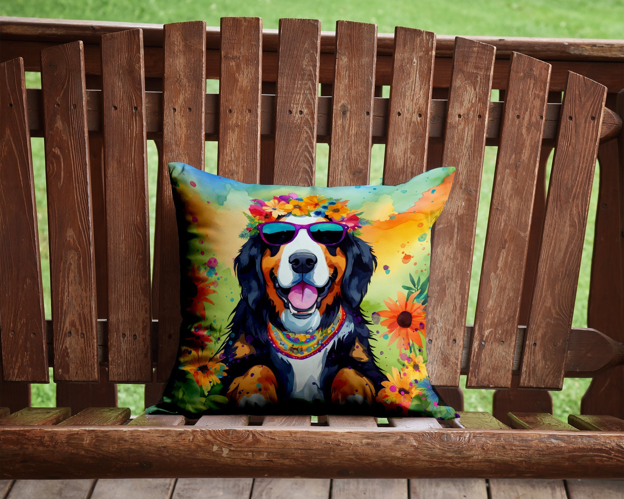 Bernese Mountain Dog Hippie Dawg Decorative Throw Pillow 14x14 Indoor Outdoor Accent Cushion, Fabric Cover with Insert for Sofa, Bed, Porch & Living Room