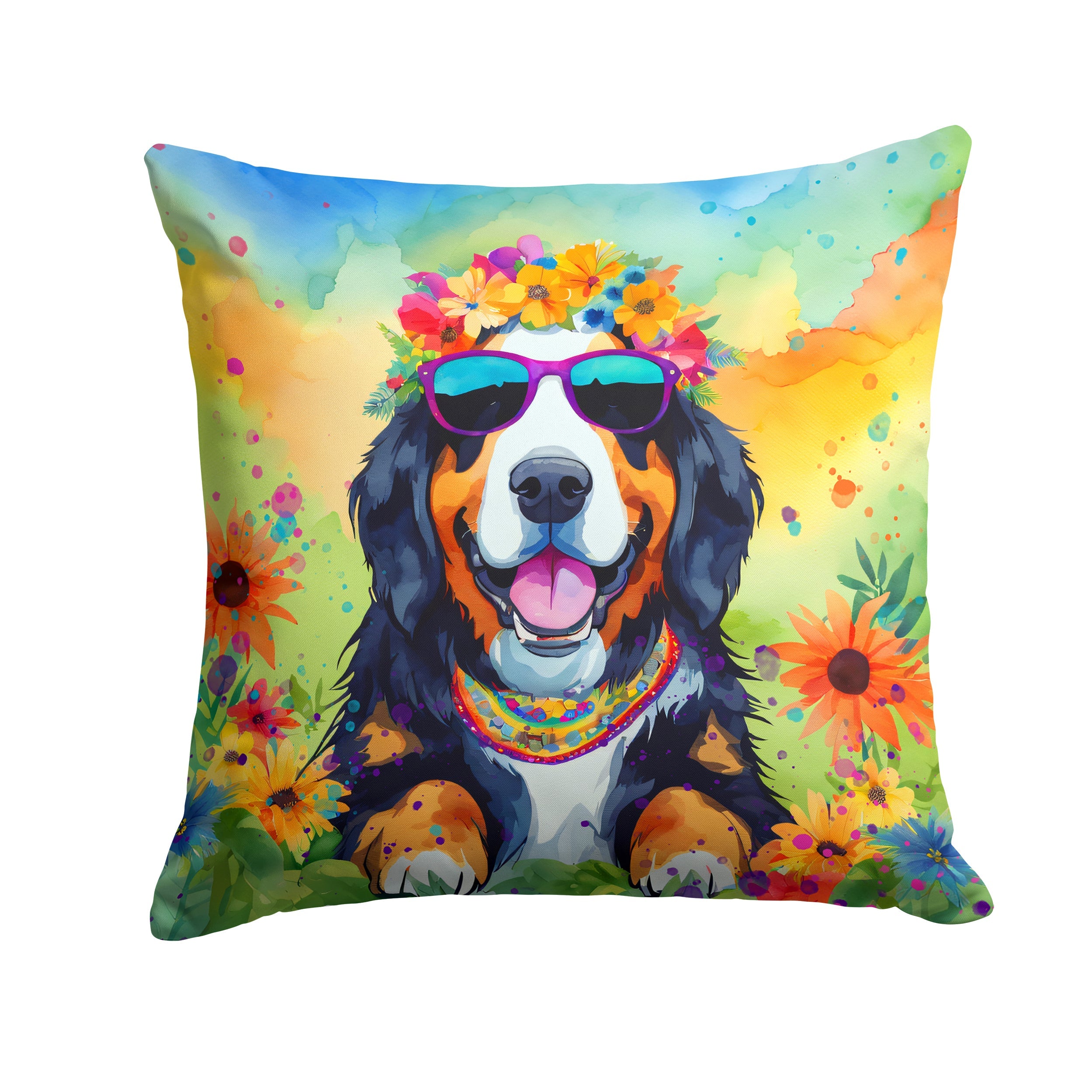 Bernese Mountain Dog Hippie Dawg Decorative Throw Pillow 18x18 Indoor Outdoor Accent Cushion, Fabric Cover with Insert for Sofa, Bed, Porch & Living Room