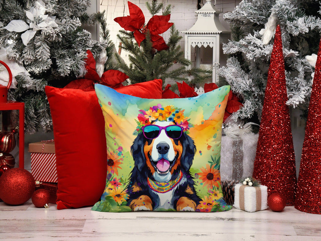 Bernese Mountain Dog Hippie Dawg Decorative Throw Pillow 18x18 Indoor Outdoor Accent Cushion, Fabric Cover with Insert for Sofa, Bed, Porch & Living Room