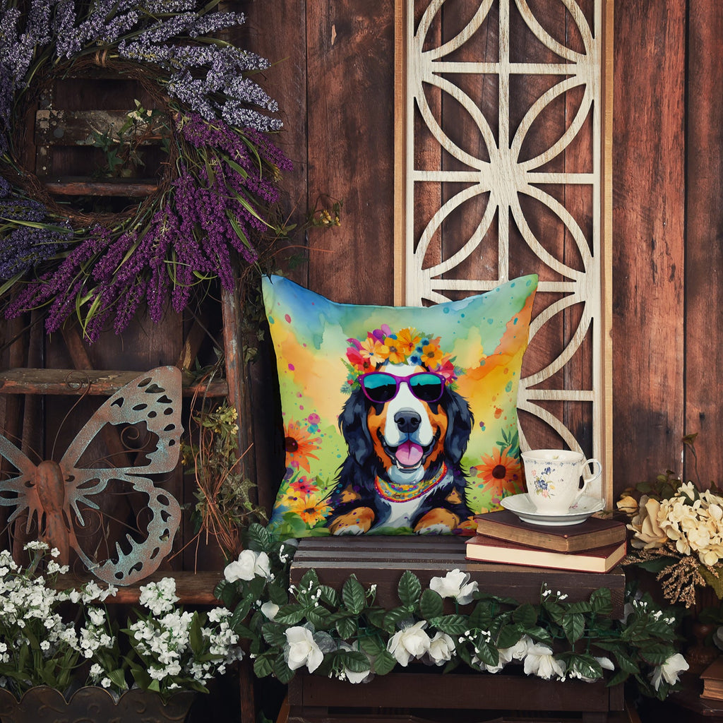 Bernese Mountain Dog Hippie Dawg Decorative Throw Pillow 18x18 Indoor Outdoor Accent Cushion, Fabric Cover with Insert for Sofa, Bed, Porch & Living Room