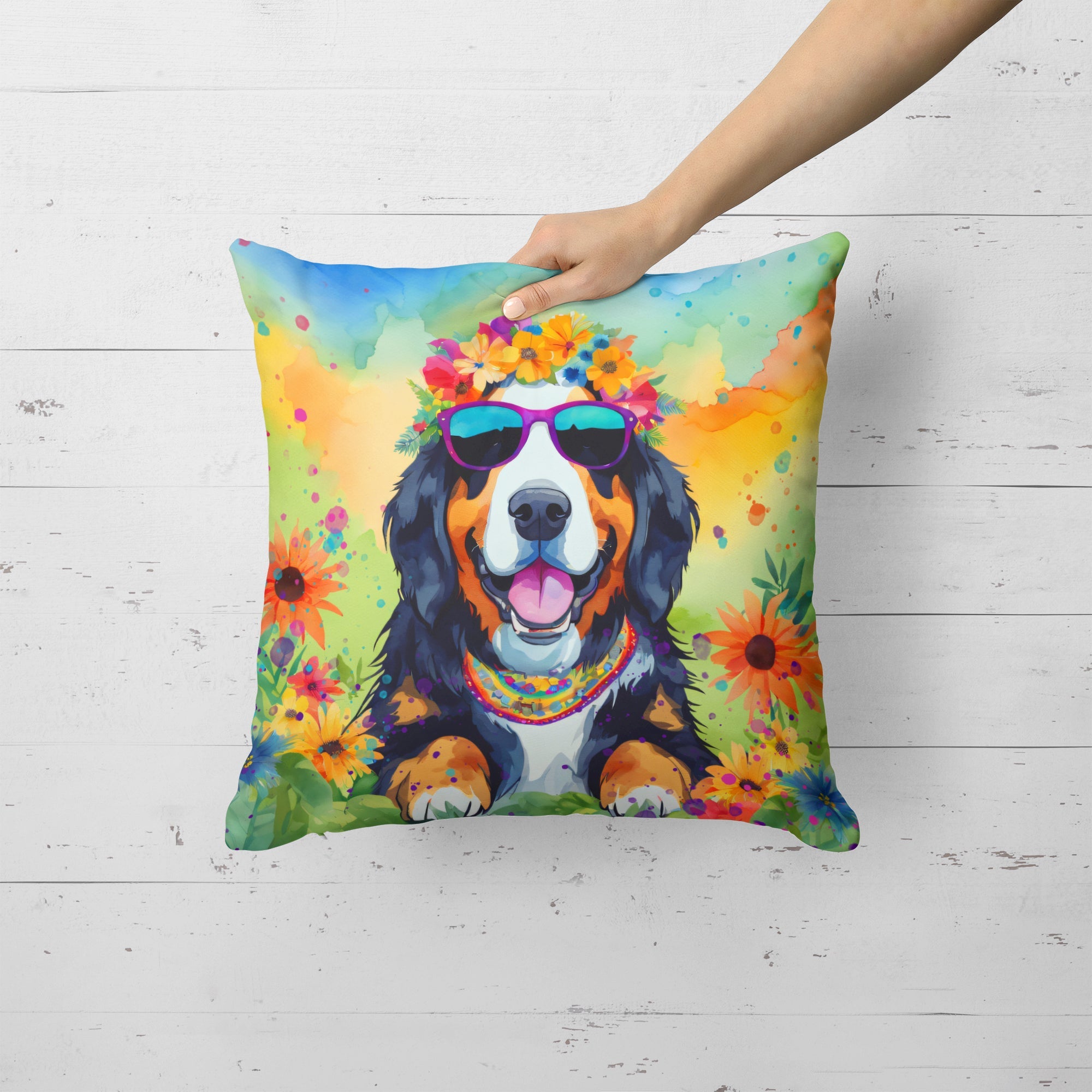Bernese Mountain Dog Hippie Dawg Decorative Throw Pillow 18x18 Indoor Outdoor Accent Cushion, Fabric Cover with Insert for Sofa, Bed, Porch & Living Room