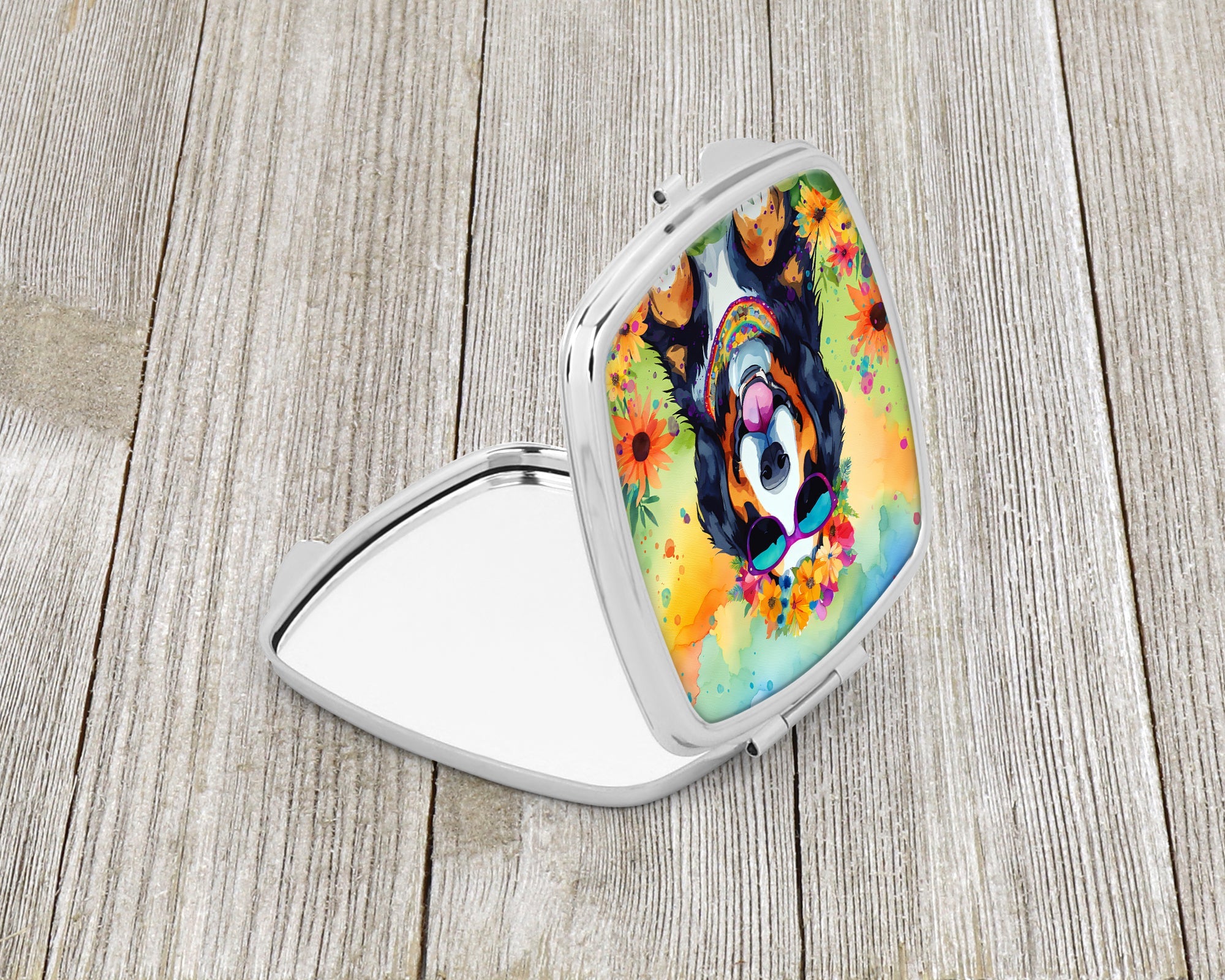 Bernese Mountain Dog Hippie Dawg Compact Mirror Decorative Travel Makeup Mirror for Women Girls Gifts Pocket Makeup Mirror Folding Handheld