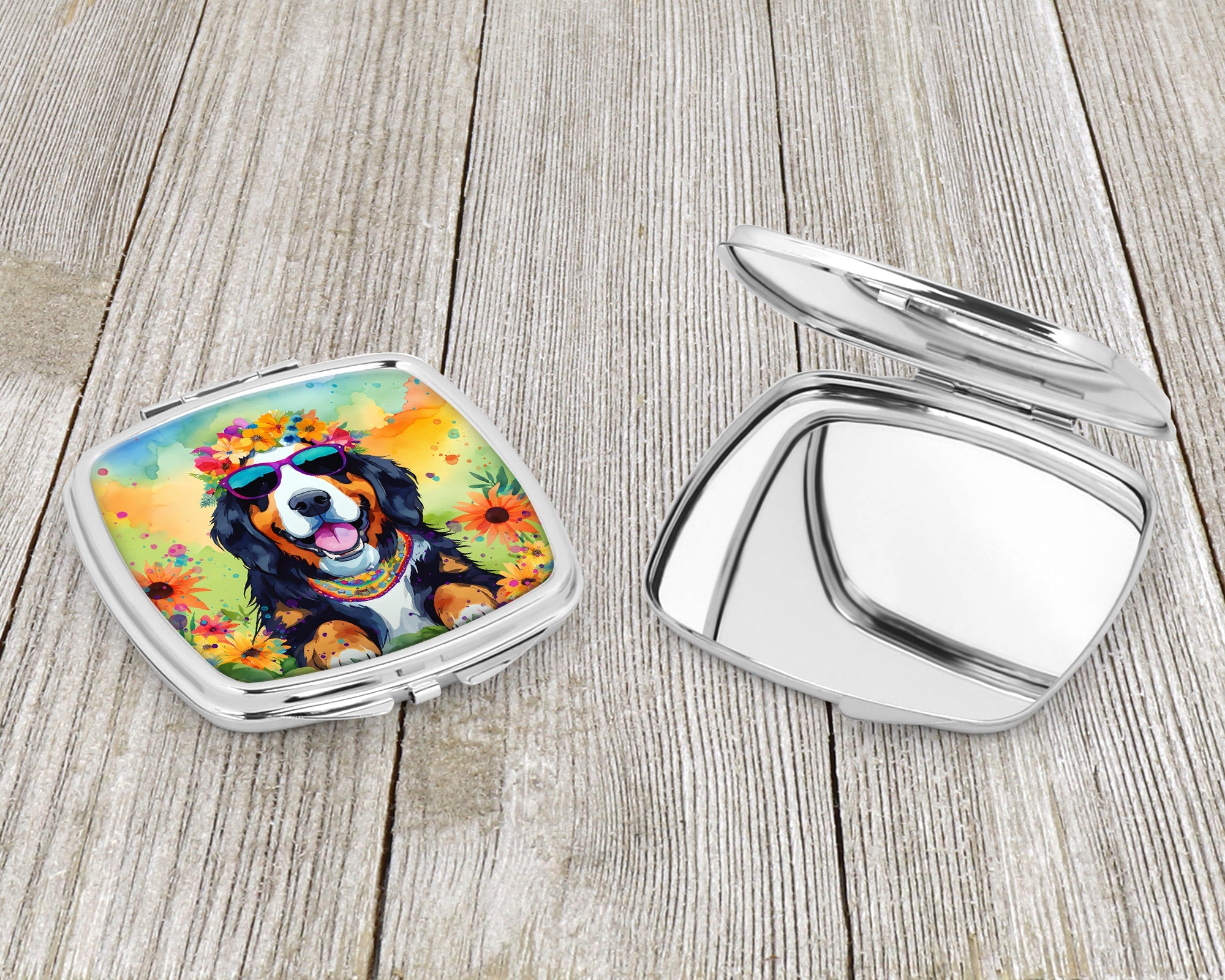 Bernese Mountain Dog Hippie Dawg Compact Mirror Decorative Travel Makeup Mirror for Women Girls Gifts Pocket Makeup Mirror Folding Handheld