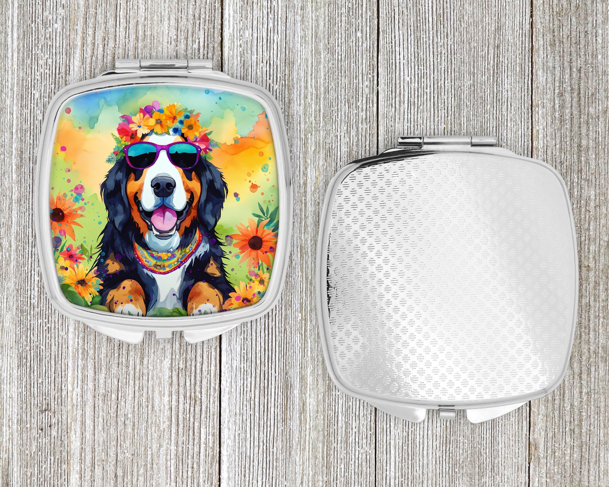 Bernese Mountain Dog Hippie Dawg Compact Mirror Decorative Travel Makeup Mirror for Women Girls Gifts Pocket Makeup Mirror Folding Handheld