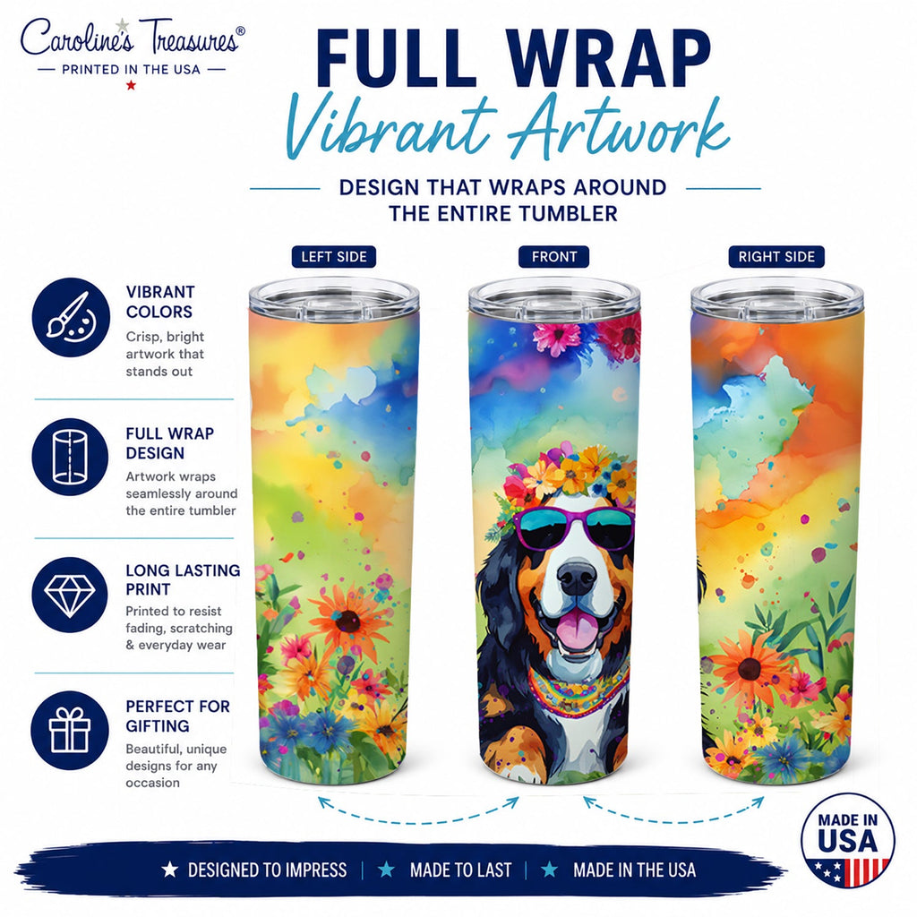 Bernese Mountain Dog Hippie Dawg Stainless Steel Skinny Tumbler 20 oz Vacuum Double Walled Reusable Insulated Travel Cup