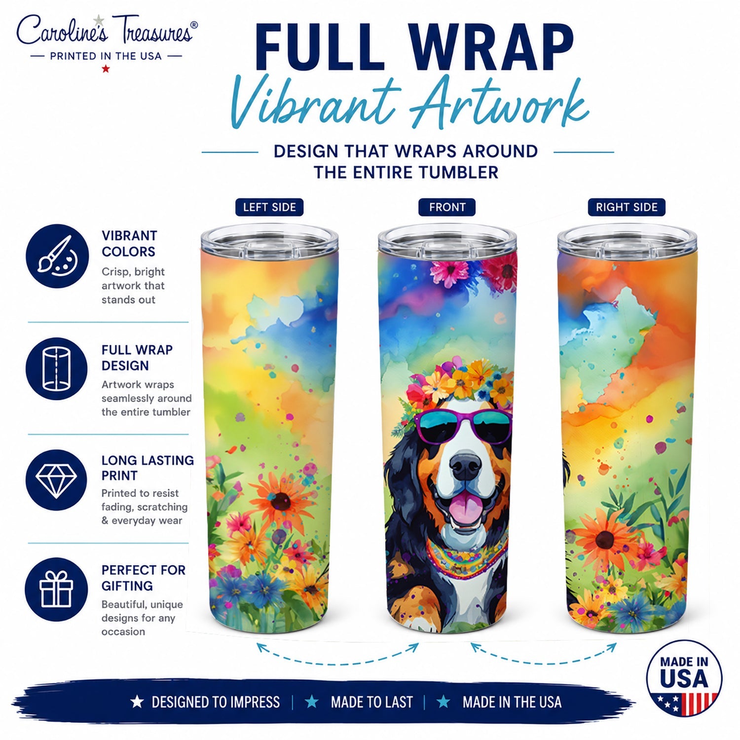 Bernese Mountain Dog Hippie Dawg Stainless Steel Skinny Tumbler 20 oz Vacuum Double Walled Reusable Insulated Travel Cup