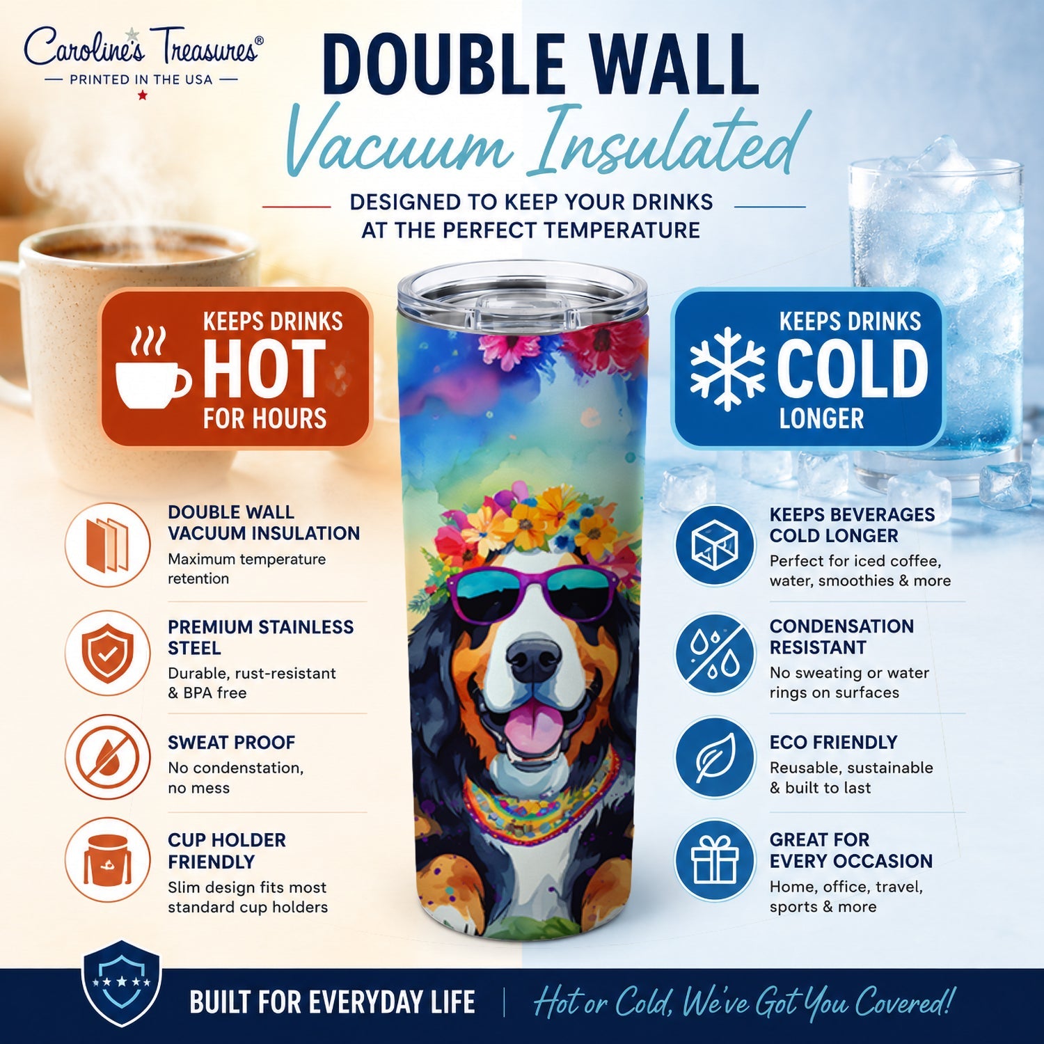 Bernese Mountain Dog Hippie Dawg Stainless Steel Skinny Tumbler 20 oz Vacuum Double Walled Reusable Insulated Travel Cup