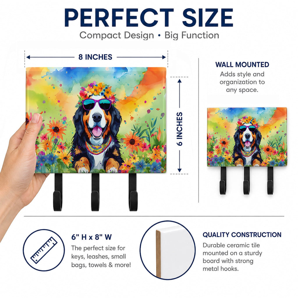 Bernese Mountain Dog Hippie Dawg Leash or Key Holder Wall Hooks, Coat Rack Wall Mount, for Hanging Keys, Towels, Aprons, Leashes