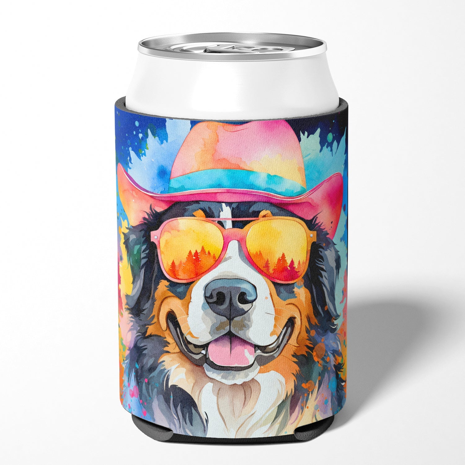 Bernese Mountain Dog Hippie Dawg Can or Bottle Hugger Cooler Sleeve for Standard 12 oz Cans, Insulated Foam Beer & Soda Can Hugger Reusable