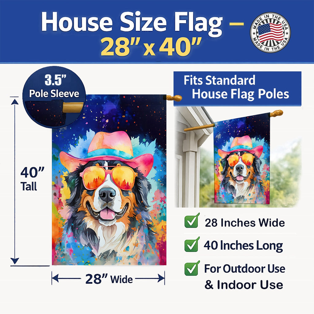 Bernese Mountain Dog Hippie Dawg House Flag 28x40 Porch Sleeve Pole Decorative Outside Yard Banner Artwork Wall Hanging, Polyester