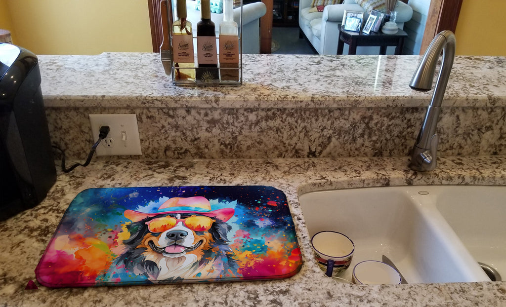 Bernese Mountain Dog Hippie Dawg Dish Drying Mat Absorbent Dish Drying Mat Pad for Kitchen Counter Dish Drainer Mat for Countertop, 14 x 21", Multicolor