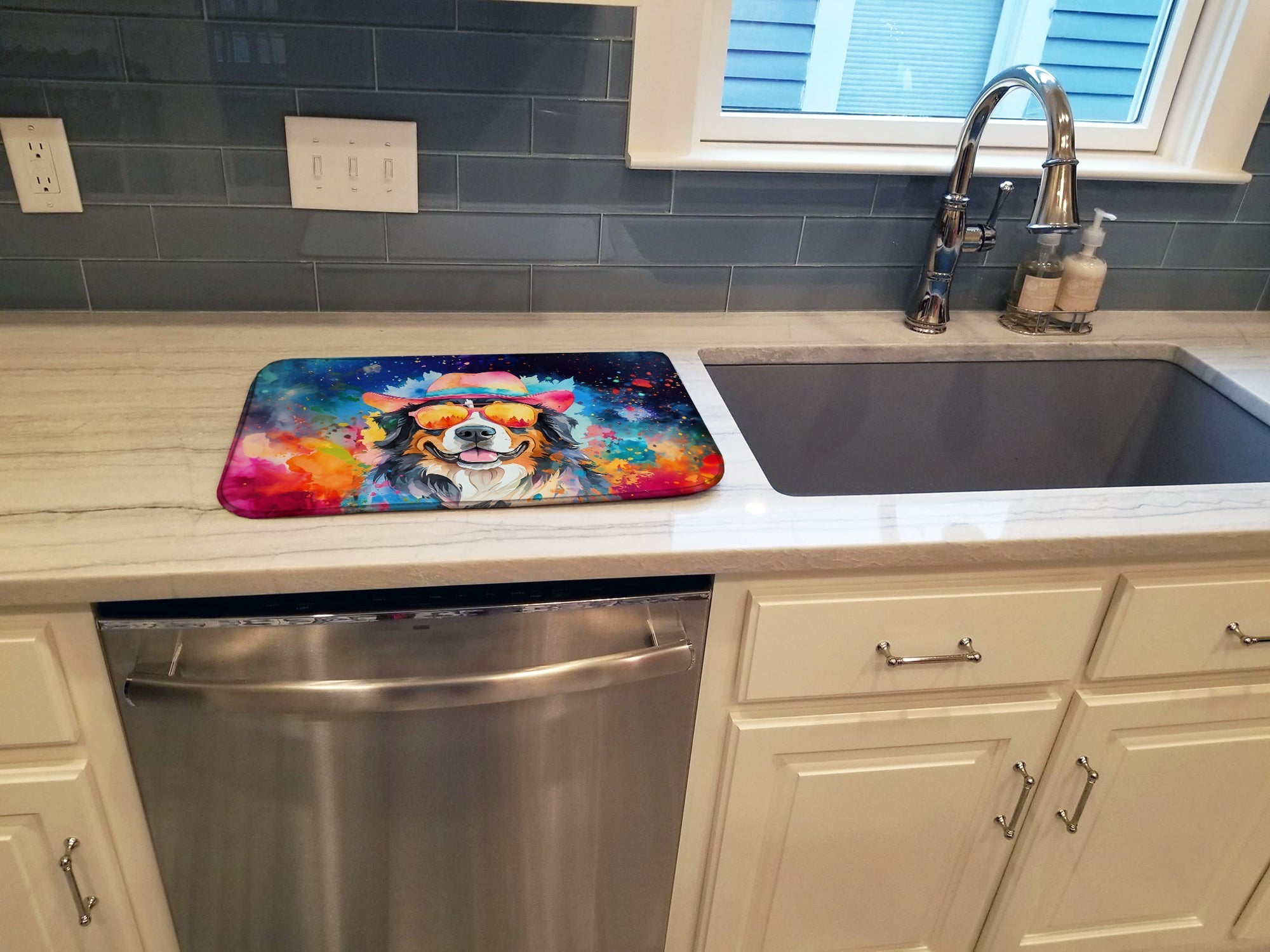 Bernese Mountain Dog Hippie Dawg Dish Drying Mat Absorbent Dish Drying Mat Pad for Kitchen Counter Dish Drainer Mat for Countertop, 14 x 21", Multicolor