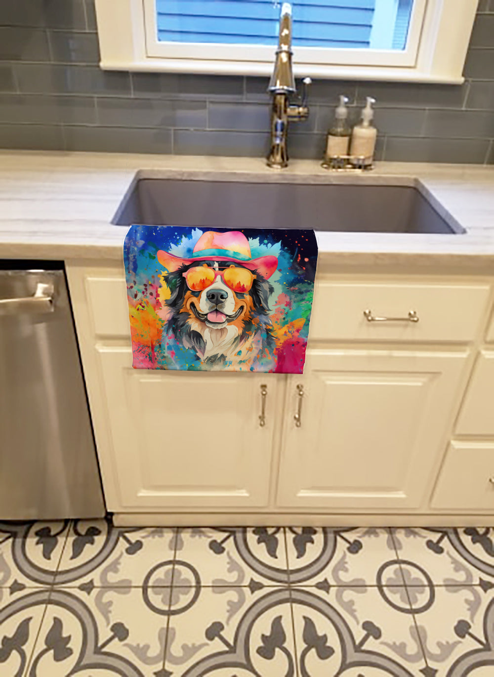 Bernese Mountain Dog Hippie Dawg Kitchen Towel Velour Plush Front and Cotton Loop Back Machine Washable