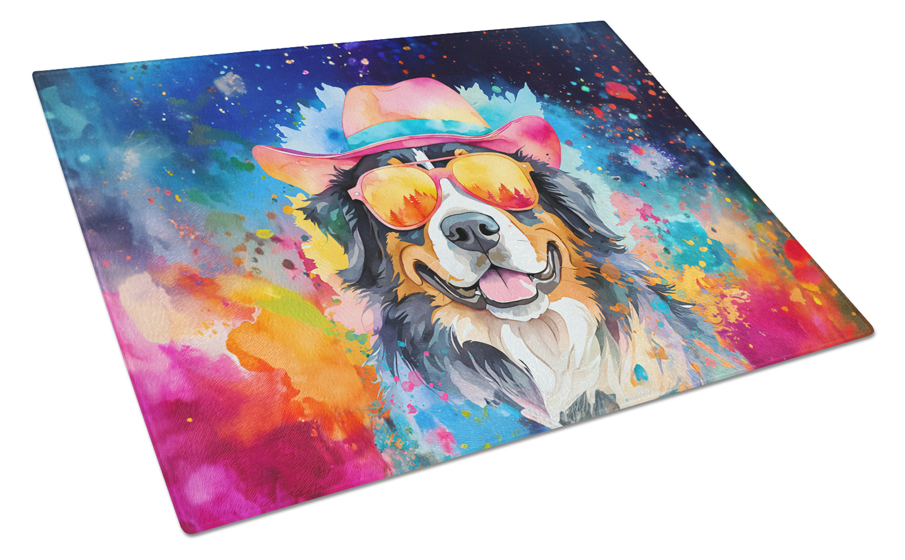 Bernese Mountain Dog Hippie Dawg Cutting Board Tempered Glass Kitchen Cutting Surface, Heat Resistant Chopping, Non-Slip Feet, Food Prep & Serving