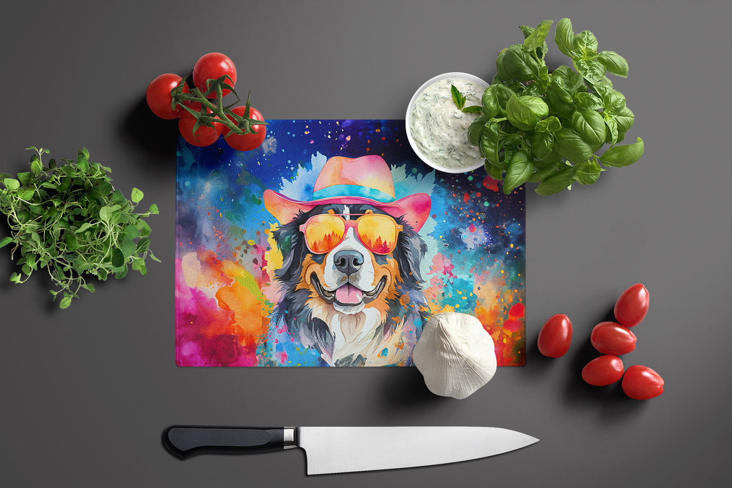 Bernese Mountain Dog Hippie Dawg Cutting Board Tempered Glass Kitchen Cutting Surface, Heat Resistant Chopping, Non-Slip Feet, Food Prep & Serving