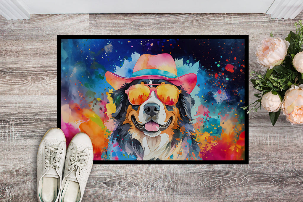 Bernese Mountain Dog Hippie Dawg Doormat Indoor Outdoor 18H X 27W Front Door Mat Rugs for Entryway, Non Slip Washable