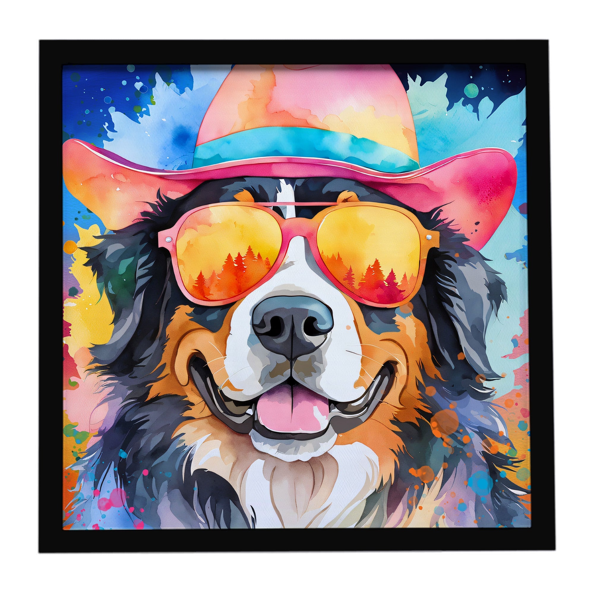 Bernese Mountain Dog Hippie Dawg Framed Metal Print Bathroom, Kitchen, Office, Home Decor Wall Art Ready to Hang, Square, 8X8