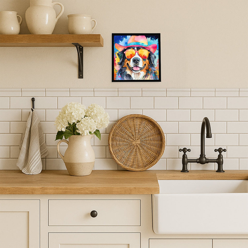 Bernese Mountain Dog Hippie Dawg Framed Metal Print Bathroom, Kitchen, Office, Home Decor Wall Art Ready to Hang, Square, 8X8
