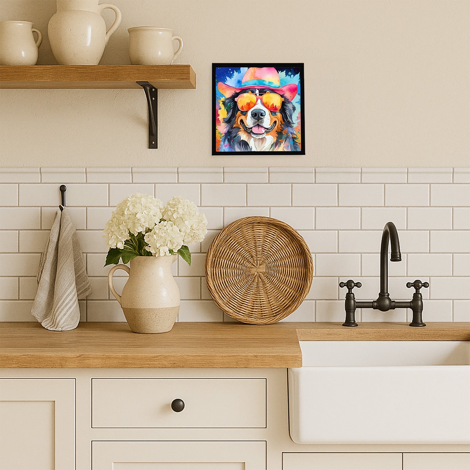 Bernese Mountain Dog Hippie Dawg Framed Metal Print Bathroom, Kitchen, Office, Home Decor Wall Art Ready to Hang, Square, 8X8
