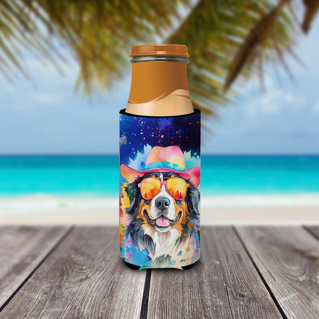 Bernese Mountain Dog Hippie Dawg Slim Can Hugger , Insulated Foam Hugger for 12 oz Slim Cans, Beer Bottles & Water Bottles, Printed in USA