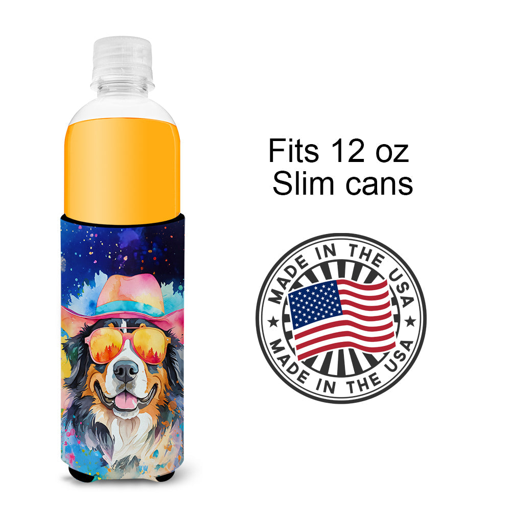 Bernese Mountain Dog Hippie Dawg Slim Can Hugger , Insulated Foam Hugger for 12 oz Slim Cans, Beer Bottles & Water Bottles, Printed in USA