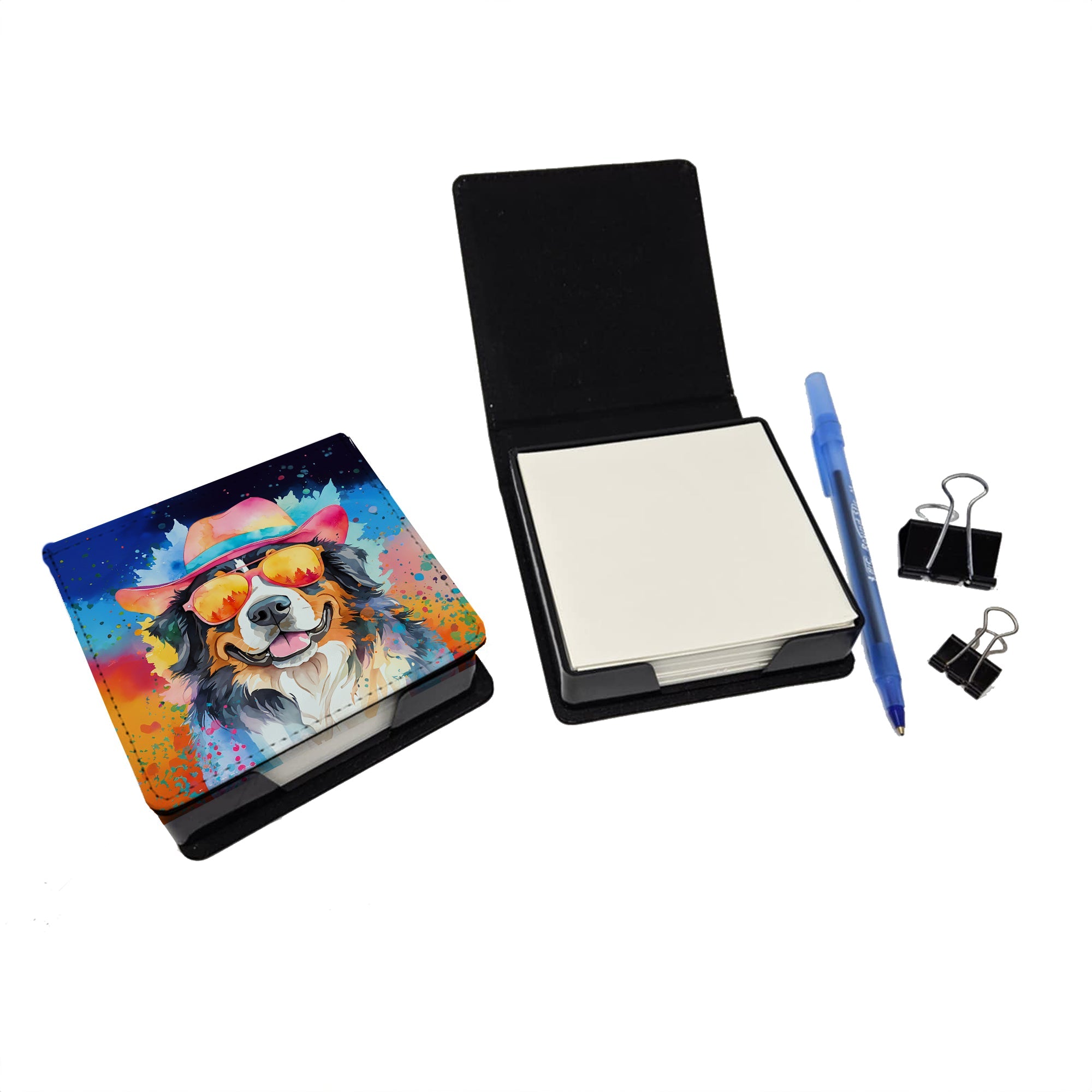 Bernese Mountain Dog Hippie Dawg PU Leather Note Paper Holder with Artist-Designed Cover, Desk Accessory, Office Gift