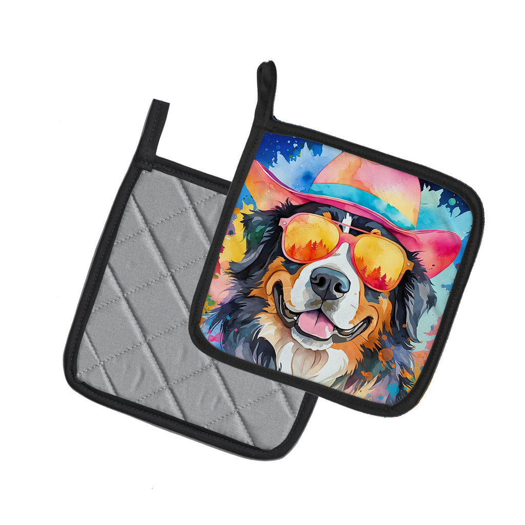 Bernese Mountain Dog Hippie Dawg Pot Holder Set of 2 Heat Resistant Quilted Hot Pads 7.5 x 7.5 Inch, Insulated Kitchen Trivets for Cooking & Baking
