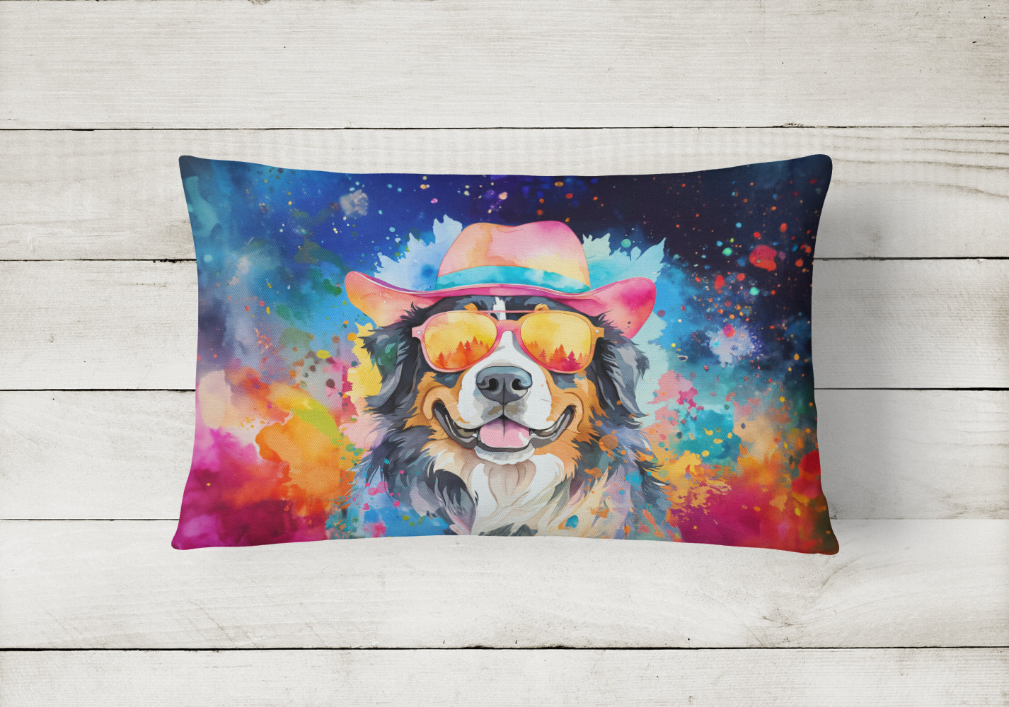 Bernese Mountain Dog Hippie Dawg Decorative Throw Pillow 12x16 Indoor Outdoor Accent Cushion, Fabric Cover with Insert for Sofa, Bed, Porch & Living Room